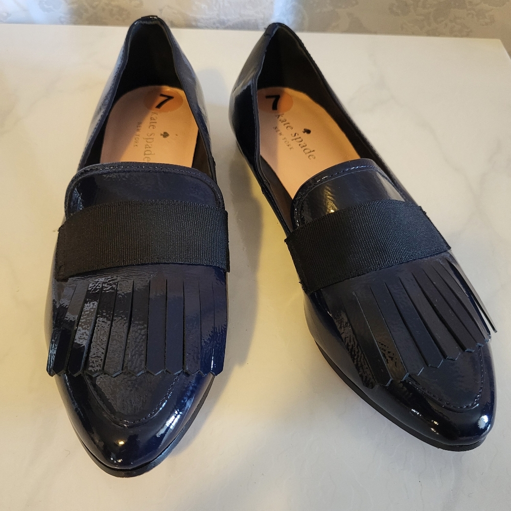 Kate Spade Navy Loafers with Fringe Detail, Women Size 7M, Slip on Flats
